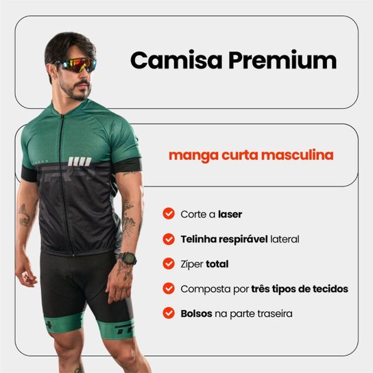 Conjunto de Ciclismo Masculino Camisa Petronas Premium Manga Curta Bolso Traseiro Bermuda Gel