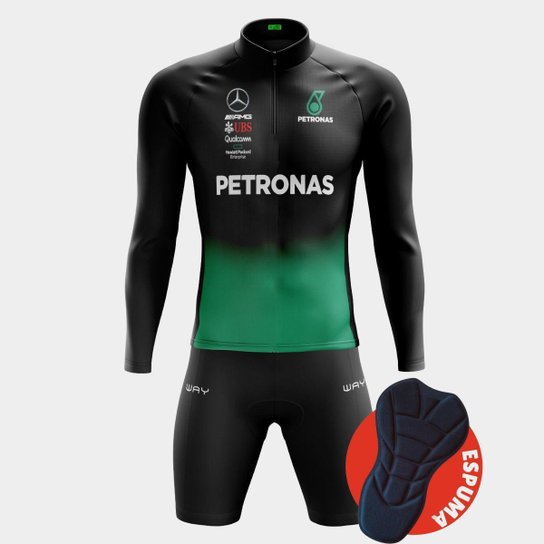 Conjunto de Ciclismo Masculino Camisa Petronas PRO Manga Longa Bolso Traseiro e Bermuda Espuma