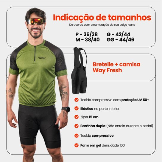 Conjunto de Ciclismo Masculino Camisa Way Fresh Verde Militar Manga Curta Bolso Traseiro e Bretelle