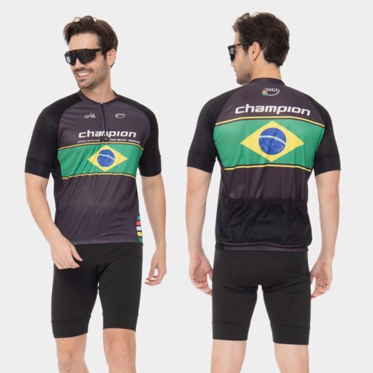 Conjunto de Ciclismo Masculino PRO Camisa Manga Curta e Bermuda Forro Gel Proteção Uv Respirável