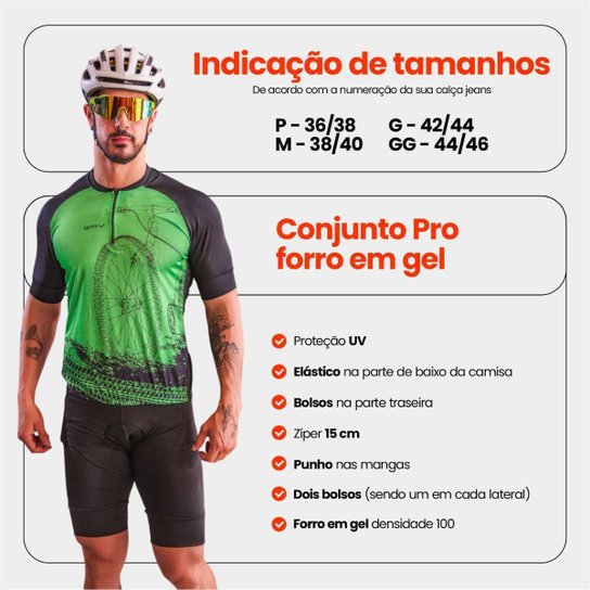 Conjunto de Ciclismo Masculino PRO Camisa Manga Curta e Bermuda Forro Gel Proteção Uv Respirável