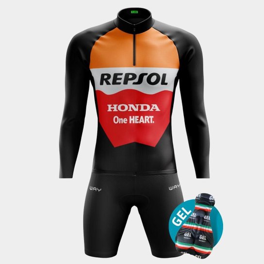 Conjunto de Ciclismo Masculino PRO Camisa Manga Longa e Bermuda Forro Gel Proteção Uv