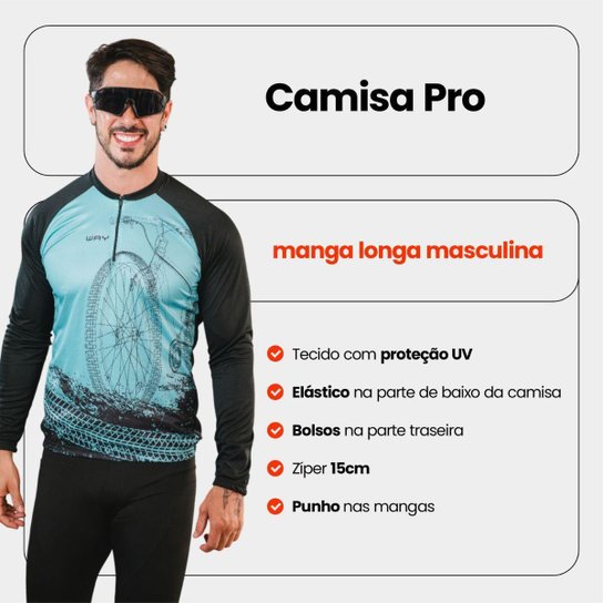 Conjunto de Ciclismo Masculino PRO Camisa Manga Longa e Bermuda Forro Gel Proteção Uv