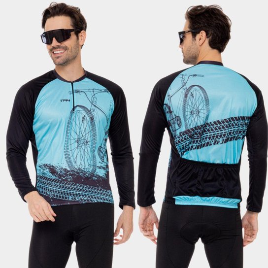 Conjunto de Ciclismo Masculino PRO Camisa Manga Longa e Bermuda Forro Gel Proteção Uv