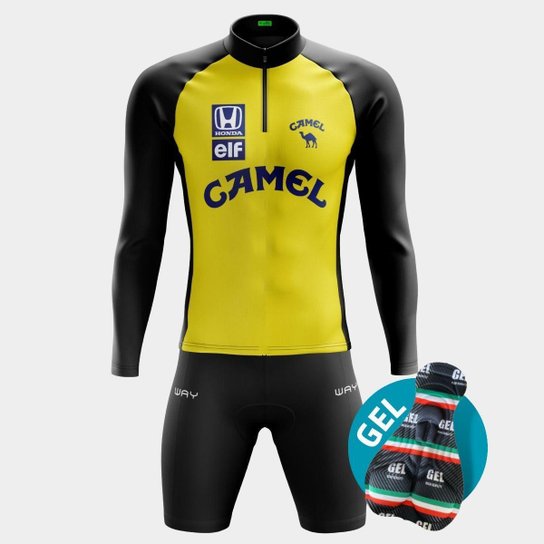 Conjunto de Ciclismo Masculino PRO Camisa Manga Longa e Bermuda Forro Gel Proteção Uv