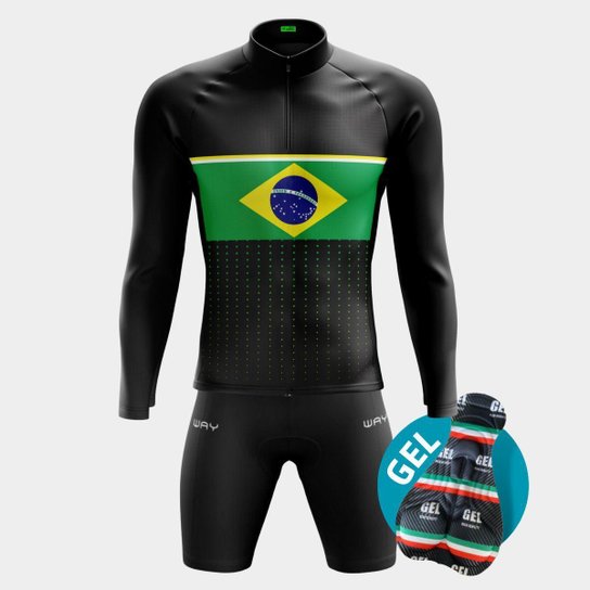 Conjunto de Ciclismo Masculino Way Camisa Manga Longa Inverno Bermuda Gel Mtb Speed Cicloturismo