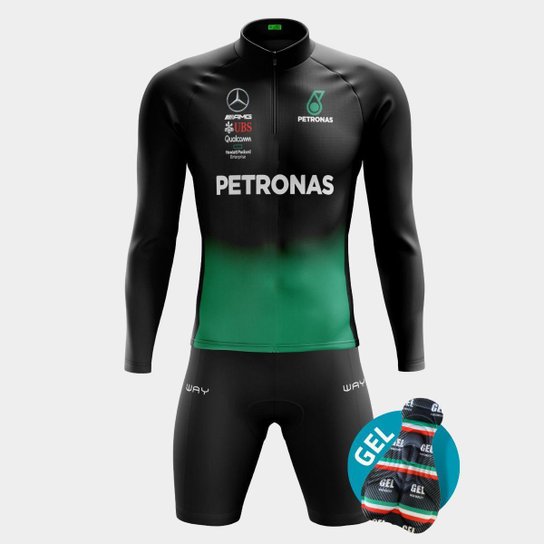 Conjunto de Ciclismo Way Camisa Masculina Manga Longa Petronas e Bermuda Forro Gel Cicloturismo Mtb