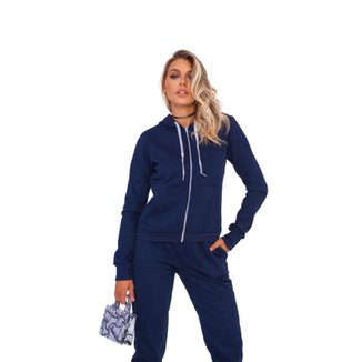 Conjunto Feminino Casaco Moletom Com Zíper + Calça Com Bolsos Inverno