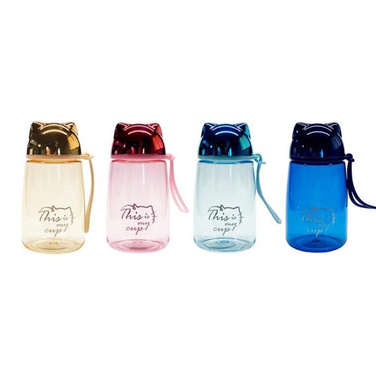 Copo Garrafa 430ml de Plástico Tampa Gatinho C/ Alça Infantil