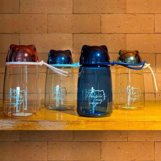 Copo Garrafa 430ml de Plástico Tampa Gatinho C/ Alça Infantil