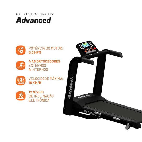 Esteira Elétrica Athletic Advanced 16km/h Suporta 130kg Inclinação Eletrônica 12 Níveis 25 Programas