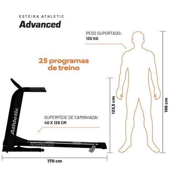 Esteira Elétrica Athletic Advanced 16km/h Suporta 130kg Inclinação Eletrônica 12 Níveis 25 Programas