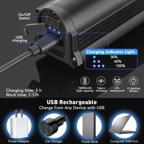 Farol Bike 5 Leds 20.000 Lumens 10.000mah Com 2 Suportes