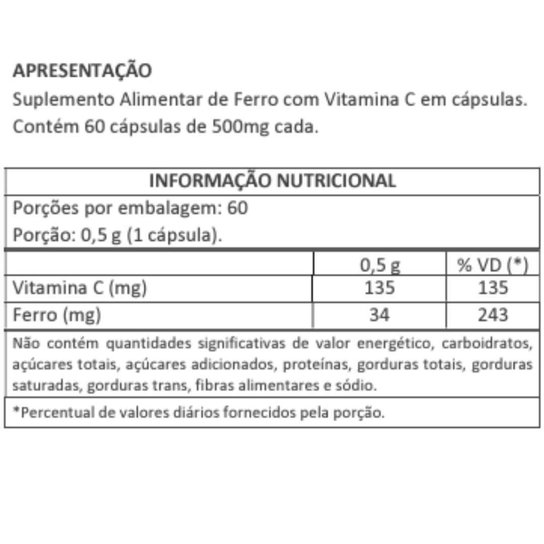 FERRO QUELADO + VITAMINA C - 60 CAPS - SUPER CONCENTRADO