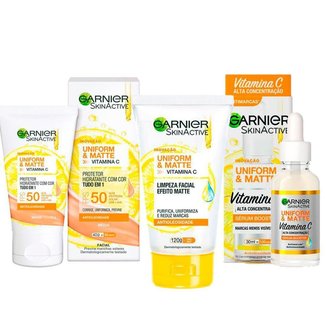 Garnier Skin Uniform & Matte Vitamina C Kit – Sérum Facial + Gel de Limpeza + Protetor Solar FPS50 c