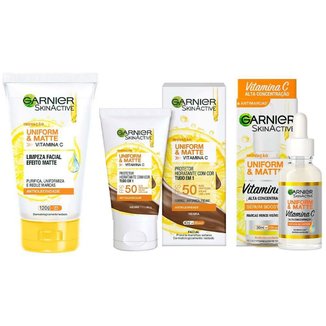 Garnier Skin Uniform & Matte Vitamina C Kit – Sérum Facial + Gel de Limpeza + Protetor Solar FPS50 c