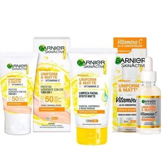 Garnier Skin Uniform & Matte Vitamina C Kit – Sérum Facial + Gel de Limpeza + Protetor Solar FPS50 c