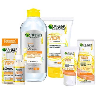 Garnier Skin Uniform & Matte Vitamina C Kit – Sérum + Gel de Limpeza + Água Micelar + Protetor Solar