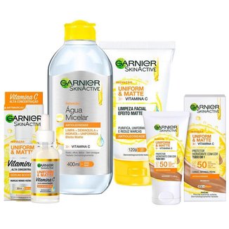 Garnier Skin Uniform & Matte Vitamina C Kit – Sérum + Gel de Limpeza + Água Micelar + Protetor Solar