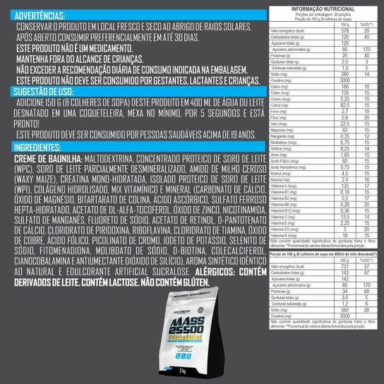 Hipercalórico Mass 25500 Body Nutry – Ganho de Massa e Energia – 3kg