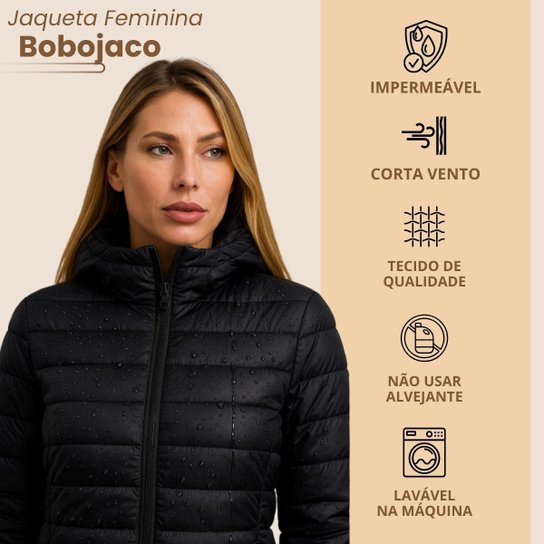 Jaqueta Feminina Puffer Bobojaco Capuz Nylon Impermeável com Bolsos e Capuz Removível Moda Inverno