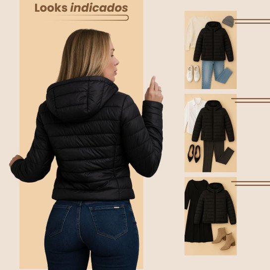 Jaqueta Feminina Puffer Bobojaco Capuz Nylon Impermeável com Bolsos e Capuz Removível Moda Inverno