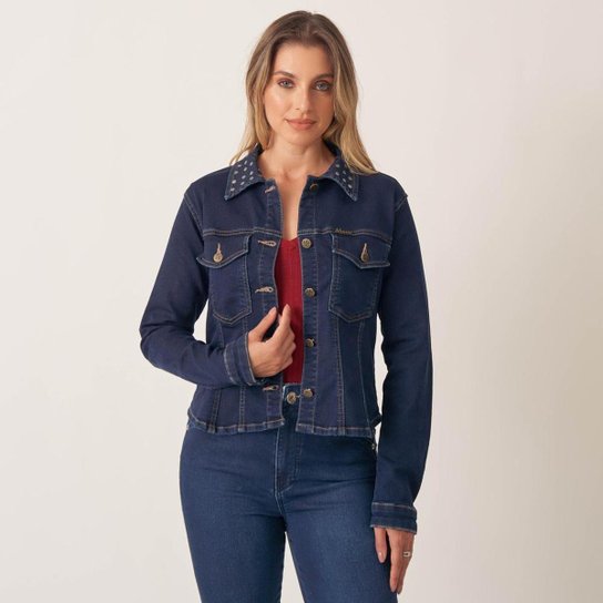 Jaqueta Jeans Confort Gola Com Tachas Feminino