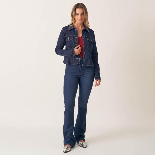 Jaqueta Jeans Confort Gola Com Tachas Feminino