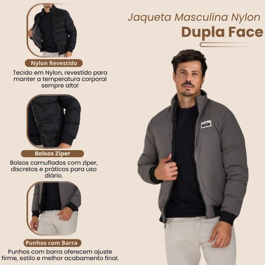 Jaqueta Masculina Nylon Dupla Face sem Capuz Gola Alta Bolso em Ziper
