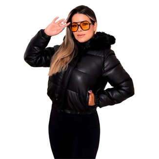 Jaqueta Puffer Feminina Couro Fake Peluciada Com Capuz Cor:;Tamanho:G