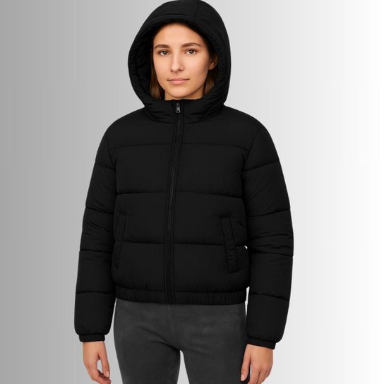 Jaqueta Puffer Feminina Preta com Capuz Quente e Confortável Cereja Rosa