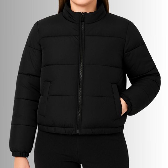 Jaqueta Puffer Feminina Preta com Capuz Quente e Confortável Cereja Rosa