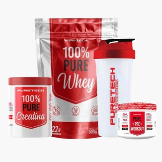 Kit 100% Pure Whey Refil 900g + Creatina 100% Pura 300g + Pré Treino 100g + Coqueteleira PURETECH