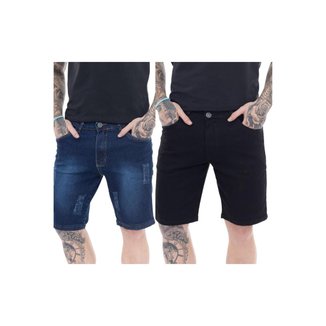 KIT 2 Bermudas Jeans Masculina Premium Blue Dark e Black