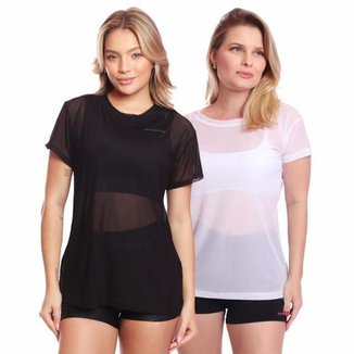 Kit 2 Blusas Mangas Curtas Tule Transparente Treino Academia Fitness