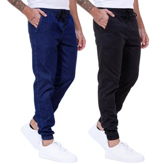 Kit 2 Calças Jogger Jeans Sarja Masculina Com Punho