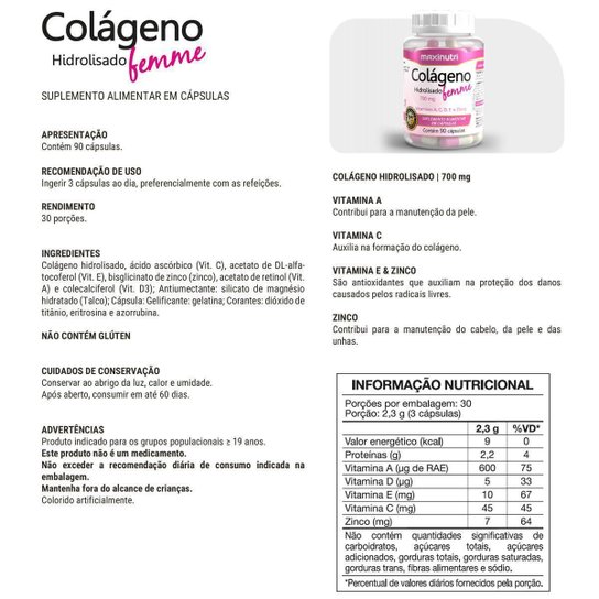 Kit 2 Colágenos Femme Vitaminas Zinco 90 Cápsulas Maxinutri