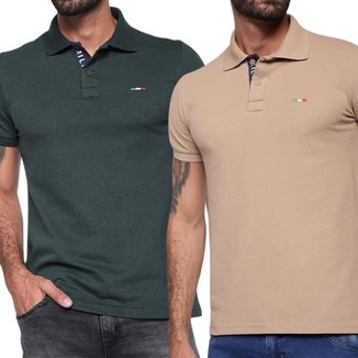 Kit 2 Polos FMF Masculina Básicas Piquet no Estilo Tommy Bordado Itália Bege Tamanho:G;Cor: