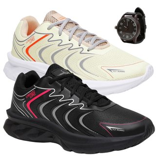 Kit 2 Tenis Feminino Caminhada Academia Leve Conforto + Relógio