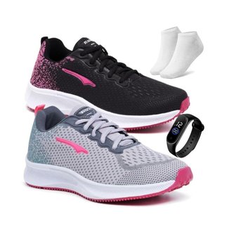 Kit 2 Tênis Feminino Esportivo Ortopédico Macio Para Academia Corrida Caminhada + Relógio e Meia