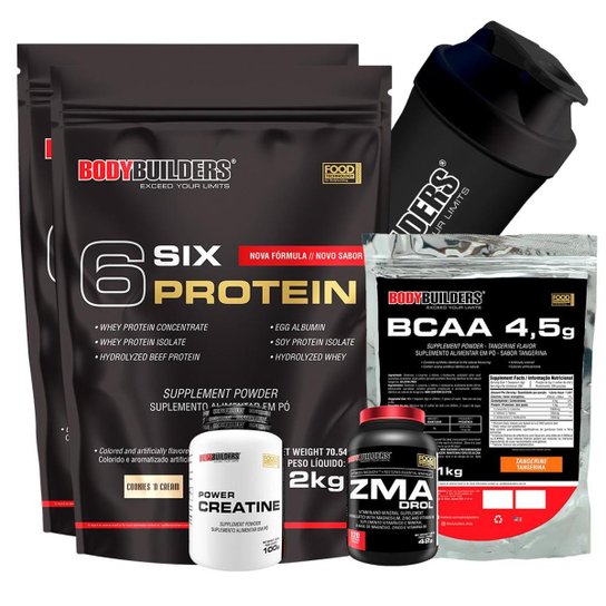 Kit 2 x Whey Protein - 6 Six Protein - Refil 2 Kg + BCAA 1kg + Creatina 100gr + ZMA 120 caps + Coque
