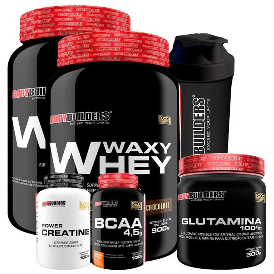 Kit 2 x Whey Protein Waxy Whey 900g + BCAA 100g + Creatina 100g + Glutamina 300g + Coque - BB