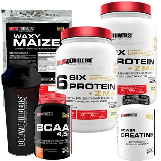 KIT 2x - 6 Six Whey Protein com ZMA 900g + Creatina + BCAA + Waxy Maize + Coqueteleira - BB