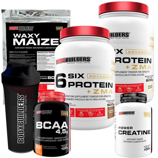 KIT 2x - 6 Six Whey Protein com ZMA 900g + Creatina + BCAA + Waxy Maize + Coqueteleira - BB