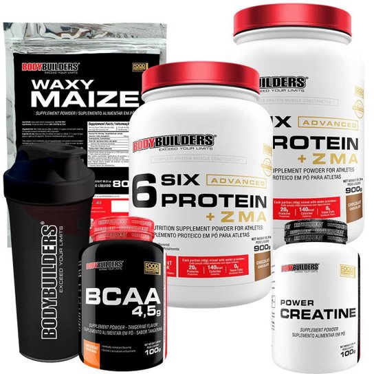 KIT 2x - 6 Six Whey Protein com ZMA 900g + Creatina + BCAA + Waxy Maize + Coqueteleira - BB