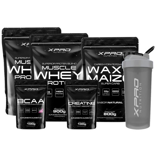 Kit 2x Whey Protein Muscle 900g+Creatina + Bcaa 100g + Waxy Maize 800g + Coquet 700ml-Xpro Nutrition