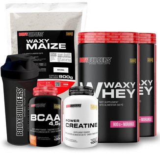 Kit 2x Whey Waxy Whey 900g + Waxy Maize 800g + Creatina 100g + BCAA 100g + 2 Coq - Bodybuilders