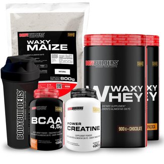 Kit 2x Whey Waxy Whey 900g + Waxy Maize 800g + Creatina 100g + BCAA 100g + 2 Coq - Bodybuilders
