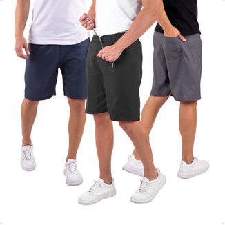 Kit 3 Bermudas Masculina Tactel Liso Academia Treino com Bolso Traseiro - PRETO+MARINHO+CINZA - P
