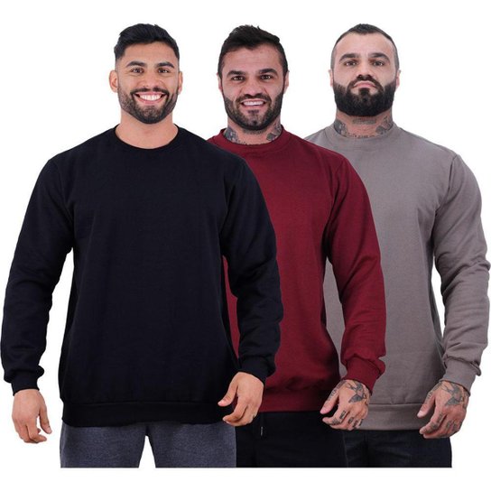 Kit 3 Blusa Frio Moletom Basic MXD Conceito Sem Capuz e Bolso Lisas